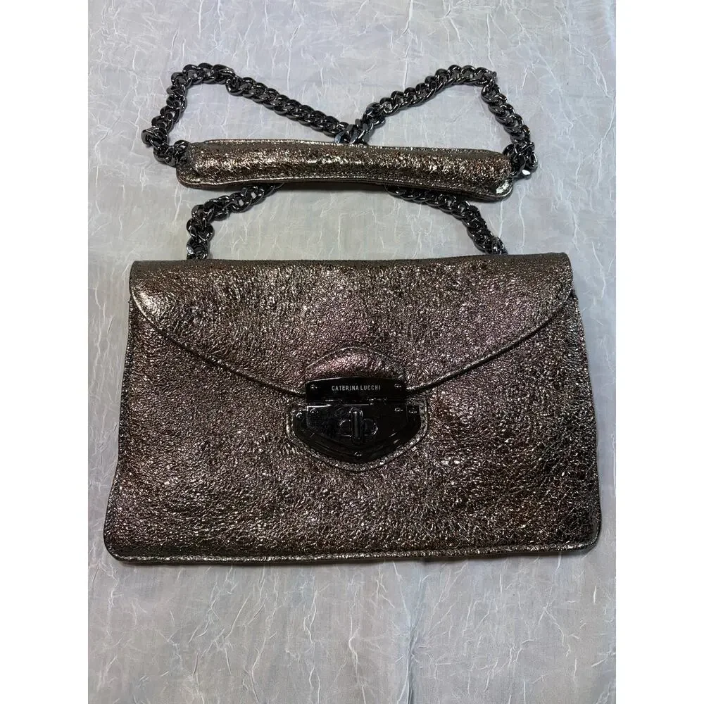Caterina Lucchi Metallic Bronze Clutch with Chain Shoulder Strap - Picture 15 of 16